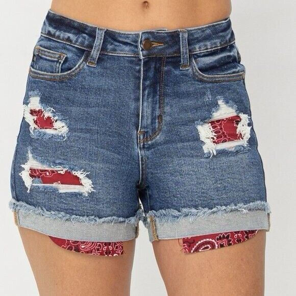 Judy Blue Pants - Judy Blue Shorts Large  High Waist Destroyed  With Red‎ Bandana Pocket Lining